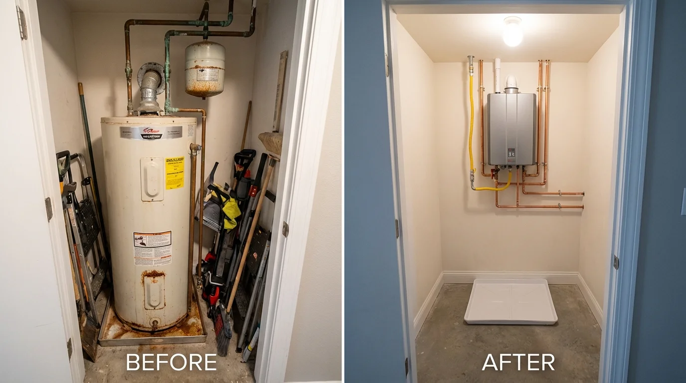 Tank water heater versus wall-mounted tankless unit comparison for Frisco, TX homeowners