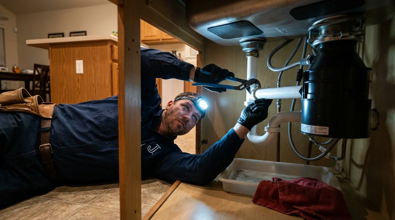 P-trap and supply line connections under a kitchen sink showing a common leak point in Frisco, TX